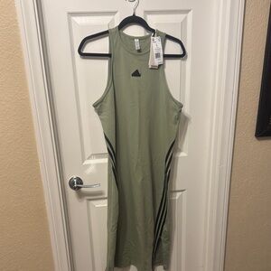 Adidas Sleeveless Olive Green Midi Dress with Black Stripe Detail